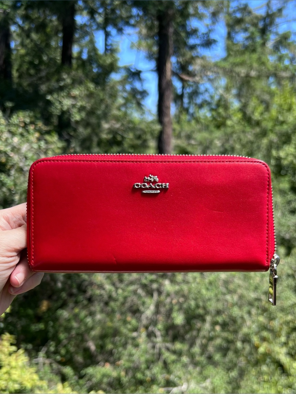 COACH Long Zip-Around Red Smooth Leather Wallet w Silver Hardware AUTHENTIC